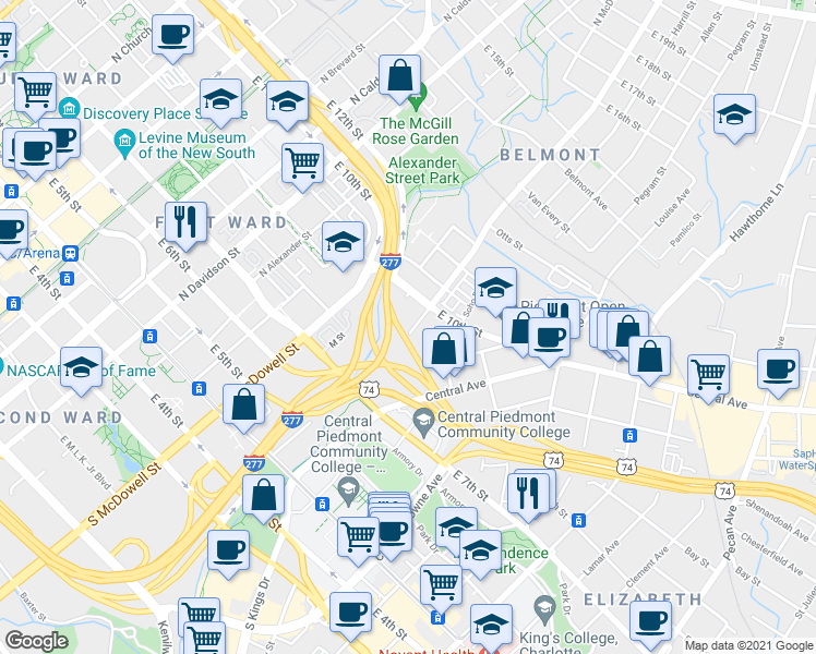 map of restaurants, bars, coffee shops, grocery stores, and more near 609 Seigle Avenue in Charlotte