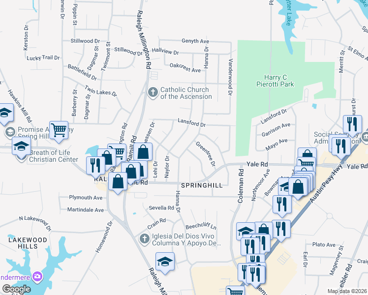 map of restaurants, bars, coffee shops, grocery stores, and more near 3561 Hanna Drive in Memphis