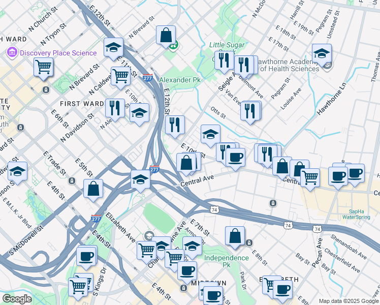 map of restaurants, bars, coffee shops, grocery stores, and more near 1122 East 10th Street in Charlotte