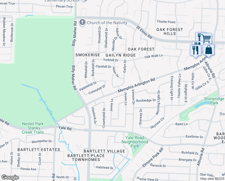 map of restaurants, bars, coffee shops, grocery stores, and more near 6090 Memphis Arlington Road in Memphis