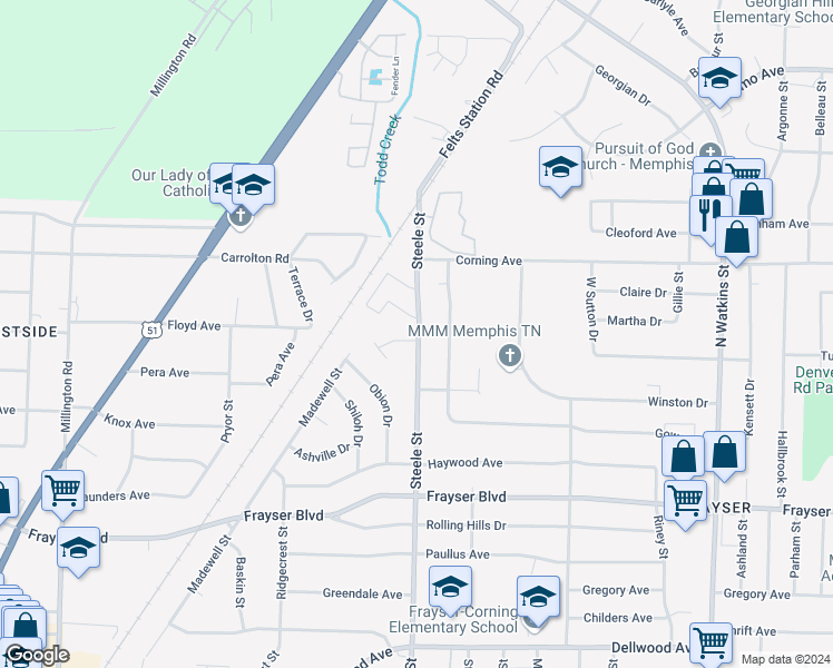 map of restaurants, bars, coffee shops, grocery stores, and more near 3565 Steele Street in Memphis