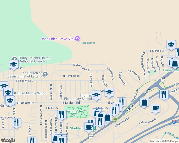 map of restaurants, bars, coffee shops, grocery stores, and more near 3987 N Swiss Rd in Flagstaff