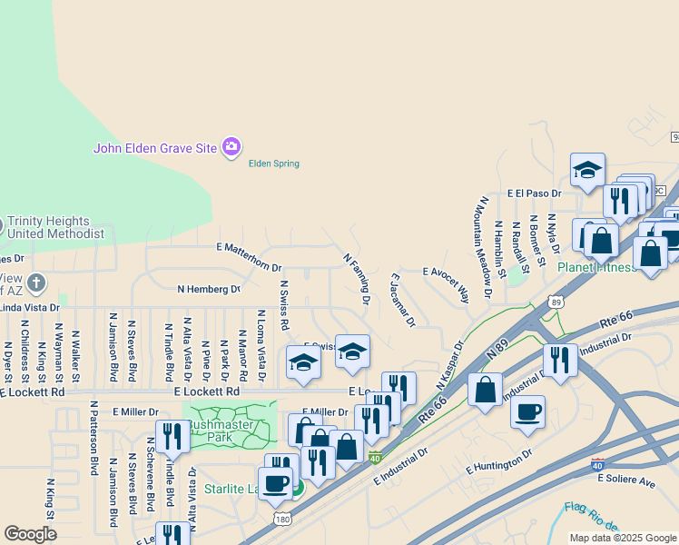 map of restaurants, bars, coffee shops, grocery stores, and more near 3231 East Matterhorn Drive in Flagstaff