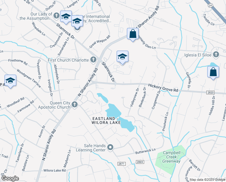 map of restaurants, bars, coffee shops, grocery stores, and more near 2560 Carya Pond Lane in Charlotte