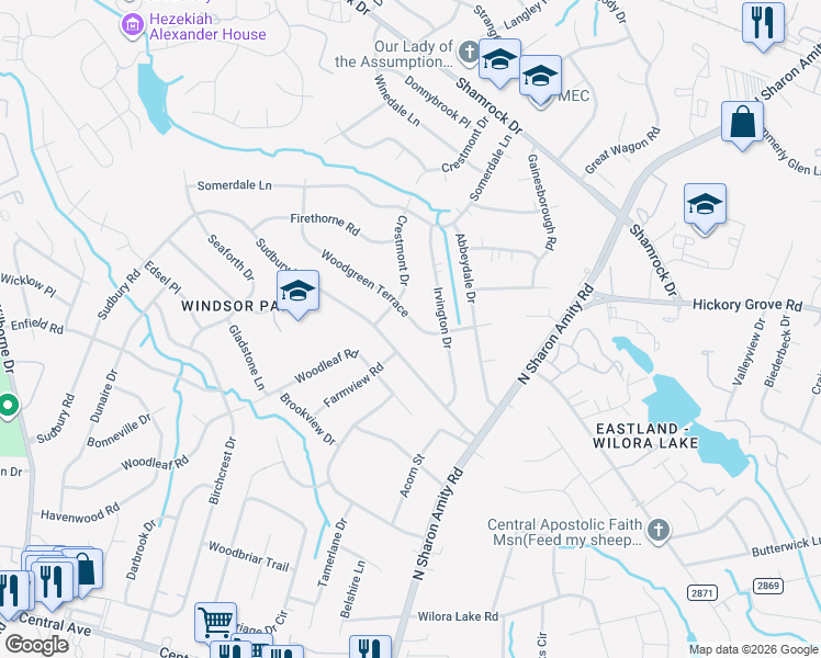 map of restaurants, bars, coffee shops, grocery stores, and more near 4124 Woodgreen Terrace in Charlotte