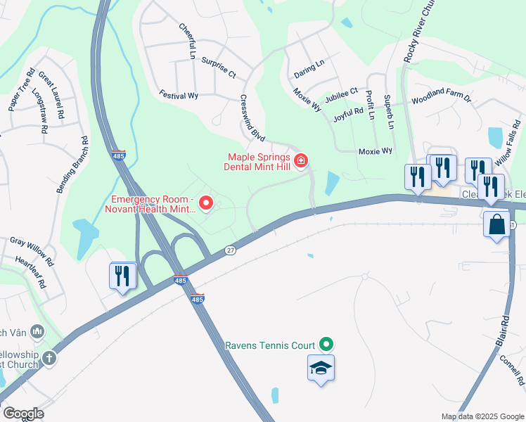 map of restaurants, bars, coffee shops, grocery stores, and more near 12401 North Carolina 24 in Charlotte