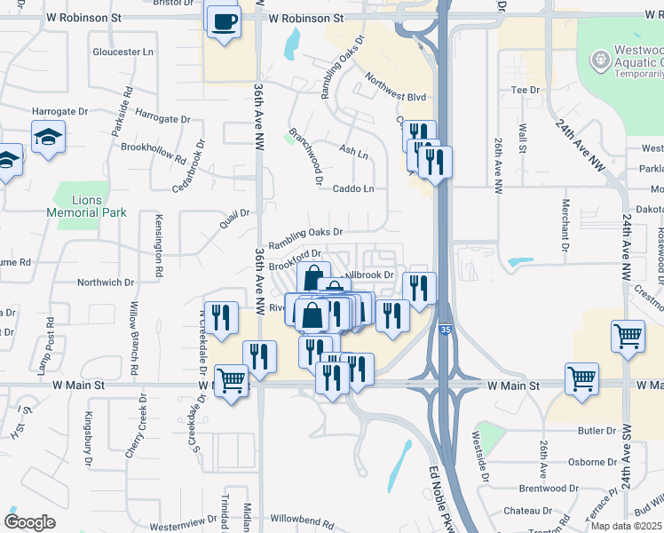 map of restaurants, bars, coffee shops, grocery stores, and more near 349 Millbrook Drive in Norman