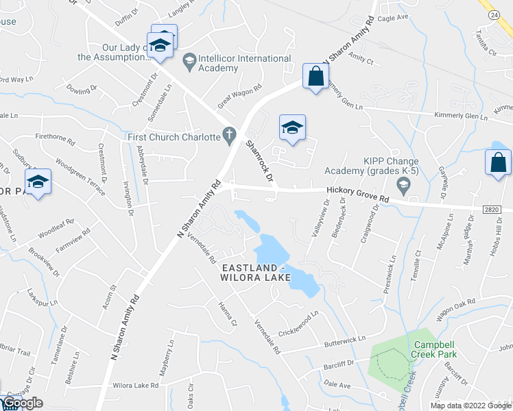 map of restaurants, bars, coffee shops, grocery stores, and more near 4824 Spring Lake Drive in Charlotte