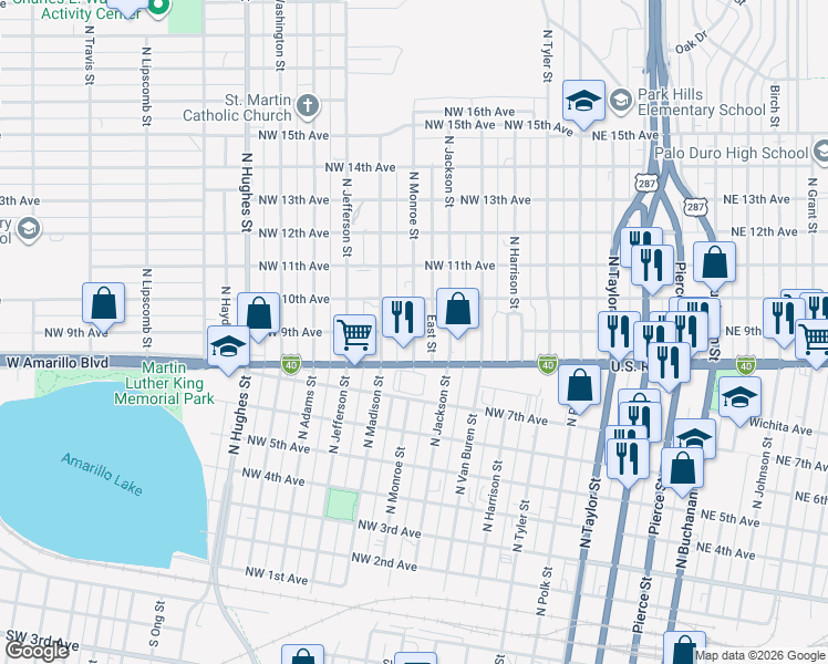 map of restaurants, bars, coffee shops, grocery stores, and more near 601 Northwest 9th Avenue in Amarillo