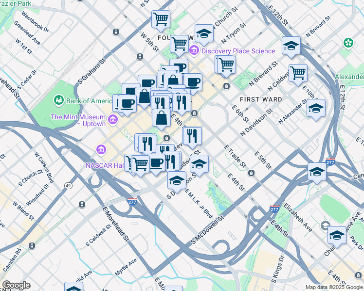 map of restaurants, bars, coffee shops, grocery stores, and more near 300 South Brevard Street in Charlotte