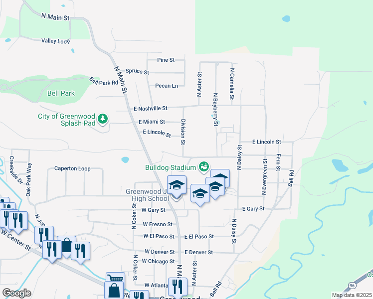 map of restaurants, bars, coffee shops, grocery stores, and more near 704 Division Street in Greenwood