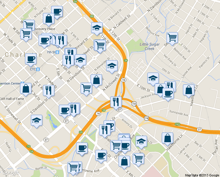 map of restaurants, bars, coffee shops, grocery stores, and more near 934 East 8th Street in Charlotte
