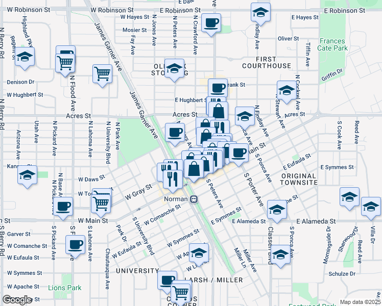 map of restaurants, bars, coffee shops, grocery stores, and more near 220 N Peters Ave in Norman