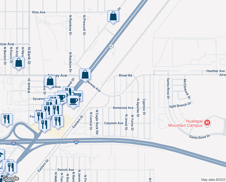 map of restaurants, bars, coffee shops, grocery stores, and more near 3431 North Diamond Street in Kingman