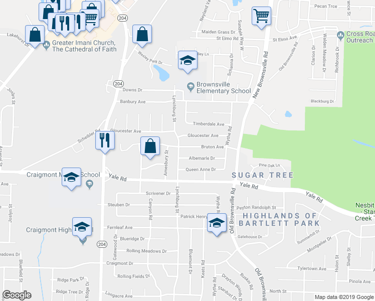map of restaurants, bars, coffee shops, grocery stores, and more near 5291 Bruton Avenue in Memphis