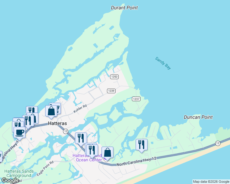 map of restaurants, bars, coffee shops, grocery stores, and more near 57091 Kohler Drive in Hatteras