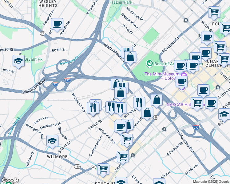 map of restaurants, bars, coffee shops, grocery stores, and more near 515 West Palmer Street in Charlotte