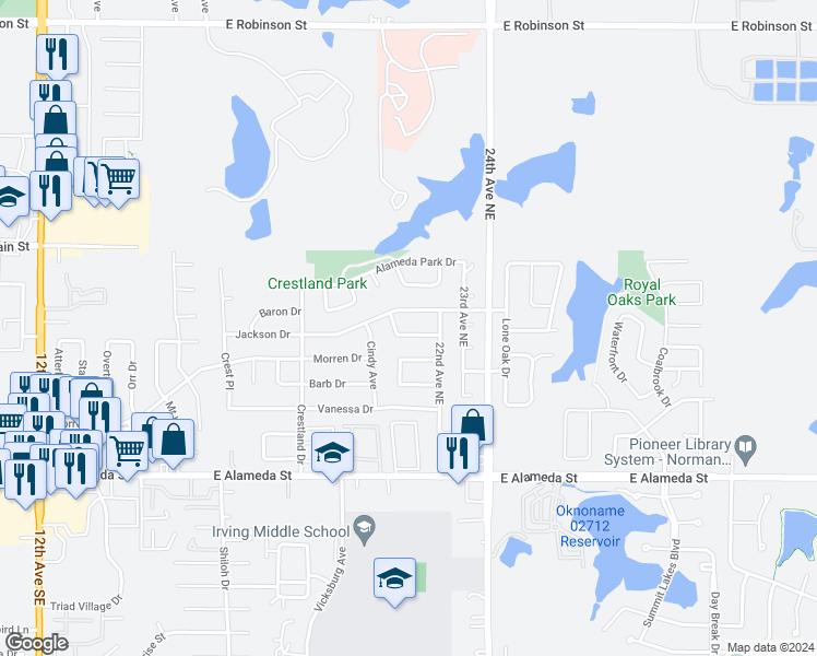 map of restaurants, bars, coffee shops, grocery stores, and more near 2119 Teresa Drive in Norman