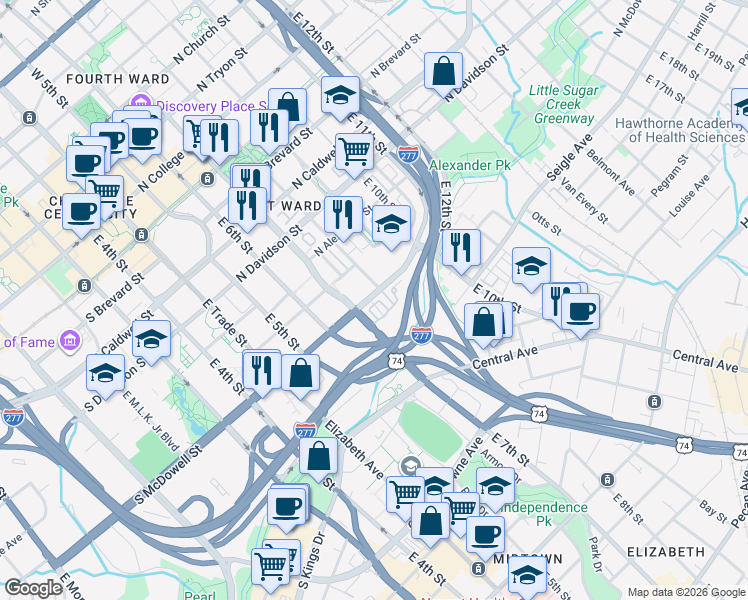 map of restaurants, bars, coffee shops, grocery stores, and more near in Charlotte