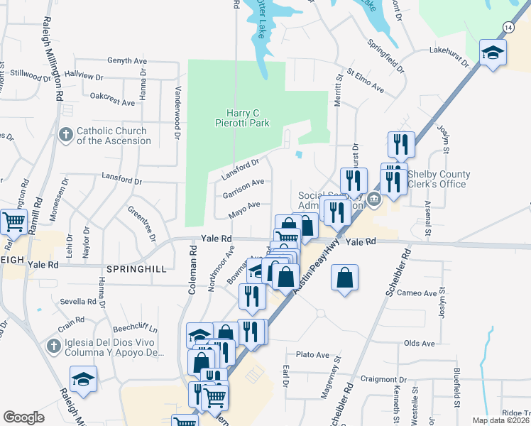 map of restaurants, bars, coffee shops, grocery stores, and more near 3569 Powers Road in Memphis