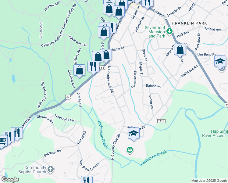 map of restaurants, bars, coffee shops, grocery stores, and more near 233 North Country Club Road in Brevard