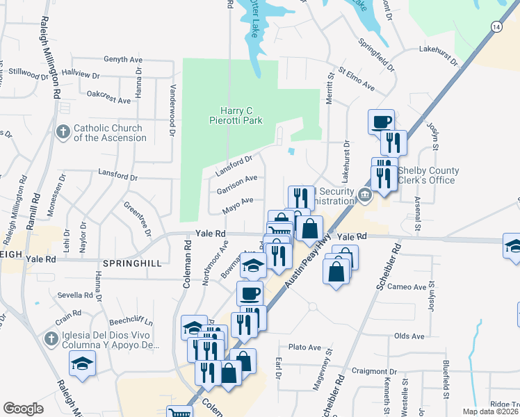 map of restaurants, bars, coffee shops, grocery stores, and more near 3569 Powers Road in Memphis