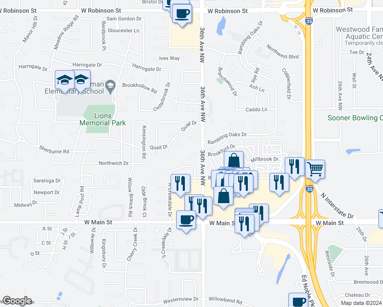 map of restaurants, bars, coffee shops, grocery stores, and more near 3609 Sussex Place in Norman