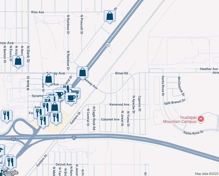 map of restaurants, bars, coffee shops, grocery stores, and more near 3431 North Diamond Street in Kingman