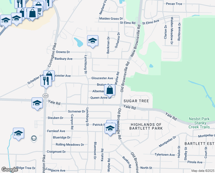 map of restaurants, bars, coffee shops, grocery stores, and more near 5351 Bruton Avenue in Memphis