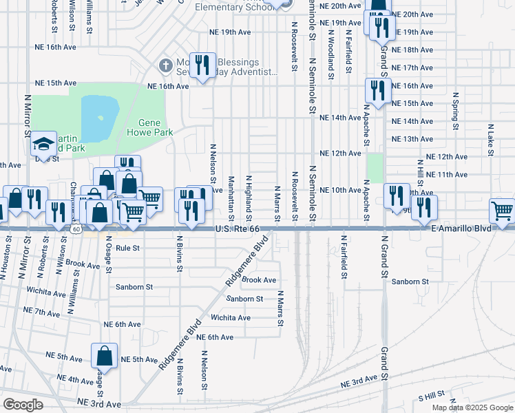 map of restaurants, bars, coffee shops, grocery stores, and more near 3005 Northeast 9th Avenue in Amarillo