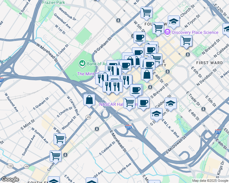 map of restaurants, bars, coffee shops, grocery stores, and more near 601 South Tryon Street in Charlotte