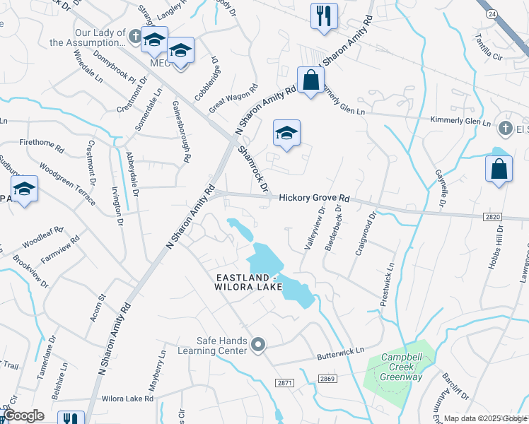 map of restaurants, bars, coffee shops, grocery stores, and more near 2611 Carya Pond Lane in Charlotte
