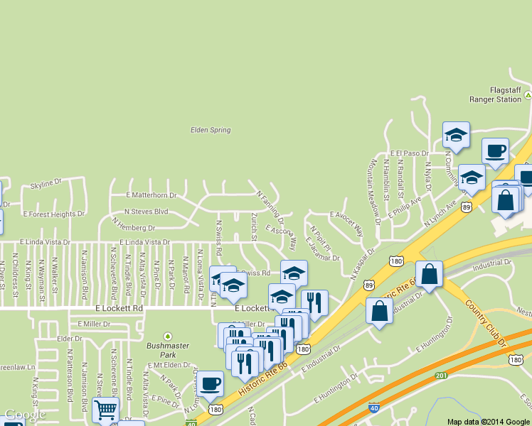 map of restaurants, bars, coffee shops, grocery stores, and more near 3231 East Matterhorn Drive in Flagstaff