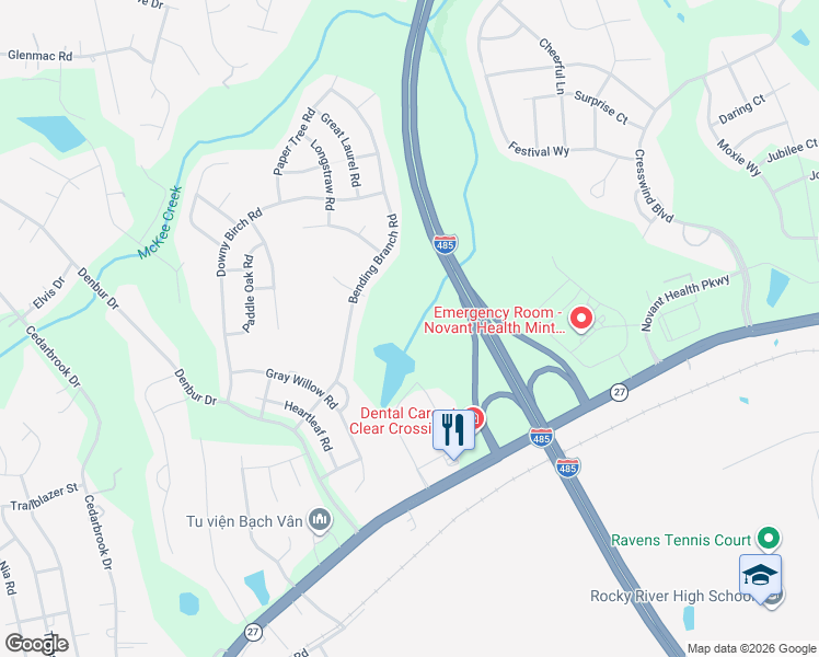 map of restaurants, bars, coffee shops, grocery stores, and more near 11824 Bending Branch Road in Charlotte