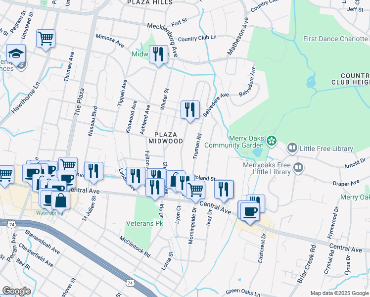 map of restaurants, bars, coffee shops, grocery stores, and more near 1815 Club Road in Charlotte