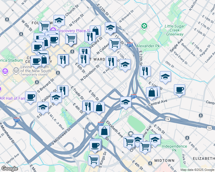 map of restaurants, bars, coffee shops, grocery stores, and more near 105 North Myers Street in Charlotte