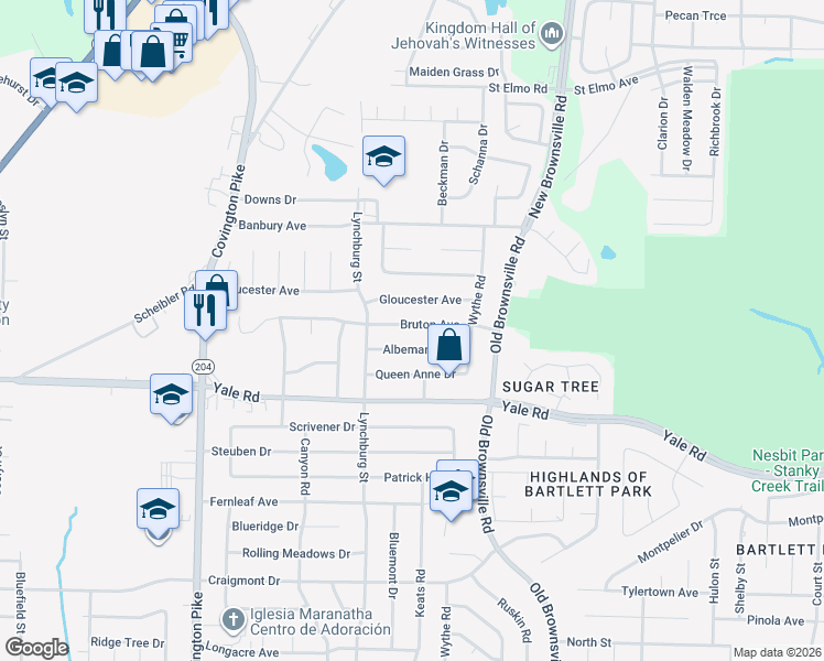 map of restaurants, bars, coffee shops, grocery stores, and more near 5321 Bruton Avenue in Memphis