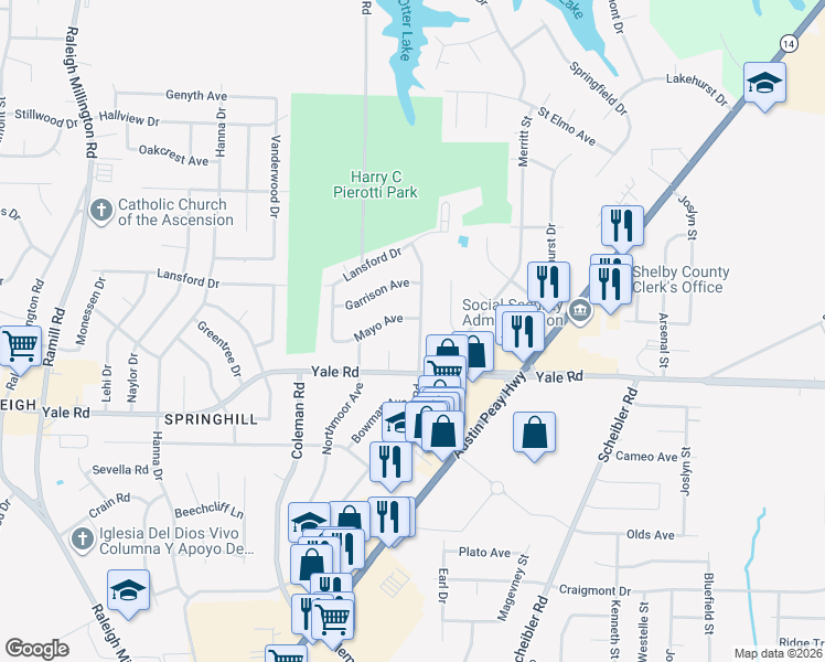 map of restaurants, bars, coffee shops, grocery stores, and more near 3569 Powers Road in Memphis