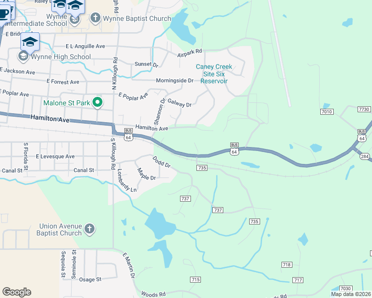 map of restaurants, bars, coffee shops, grocery stores, and more near 1704 U.S. 64 Business in Wynne
