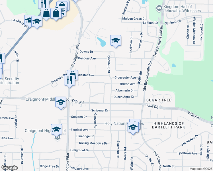 map of restaurants, bars, coffee shops, grocery stores, and more near 3568 Amesbury Street in Memphis