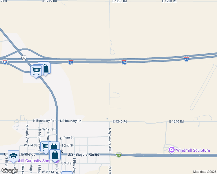 map of restaurants, bars, coffee shops, grocery stores, and more near 12374 North 1750 Road in Erick