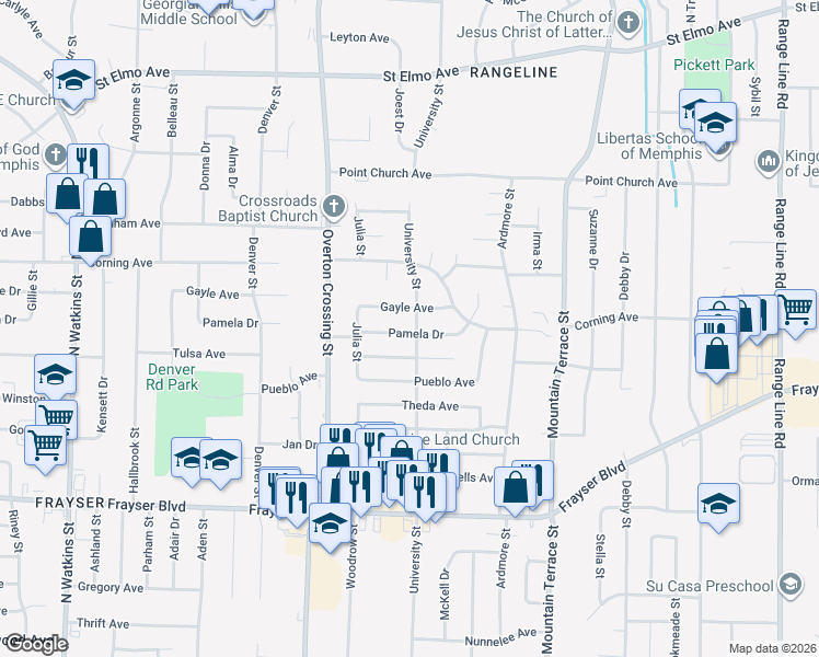 map of restaurants, bars, coffee shops, grocery stores, and more near 2218 Pamela Drive in Memphis