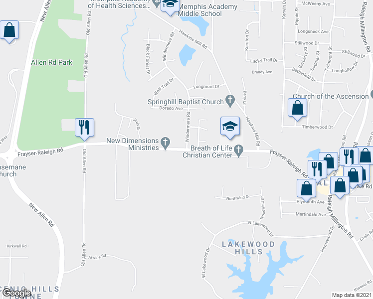 map of restaurants, bars, coffee shops, grocery stores, and more near Frayser Raleigh Rd & Windermere Rd in Memphis