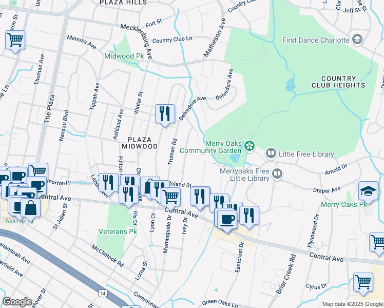 map of restaurants, bars, coffee shops, grocery stores, and more near 1908 Dearmon Drive in Charlotte