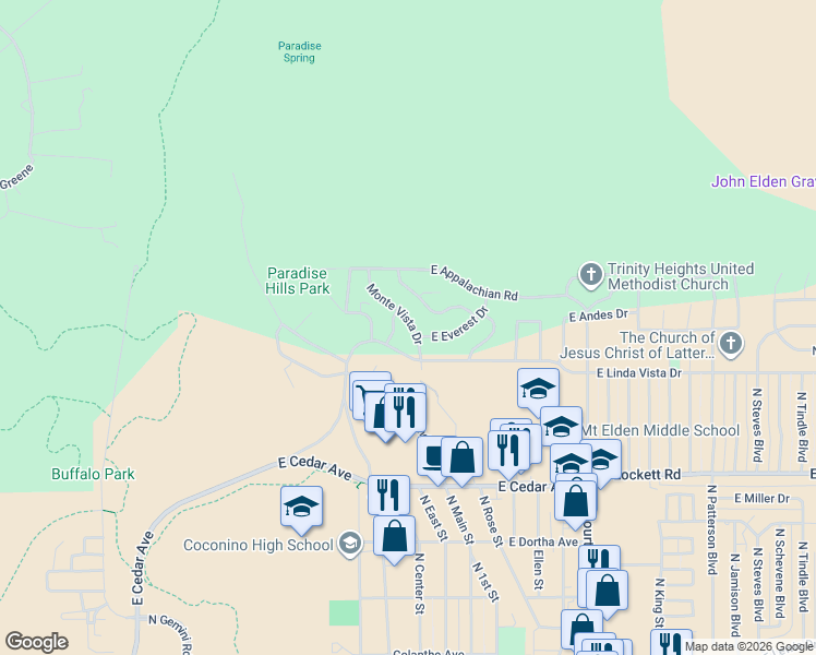 map of restaurants, bars, coffee shops, grocery stores, and more near 3365 North Monte Vista Drive in Flagstaff