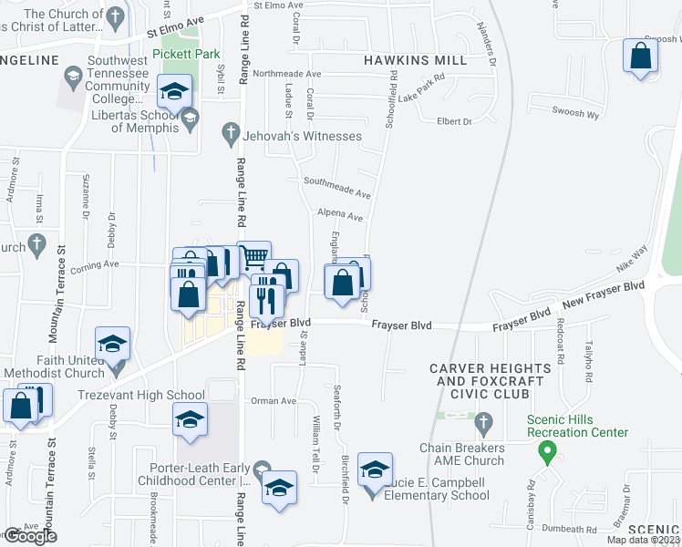 map of restaurants, bars, coffee shops, grocery stores, and more near 3570 England Street in Memphis