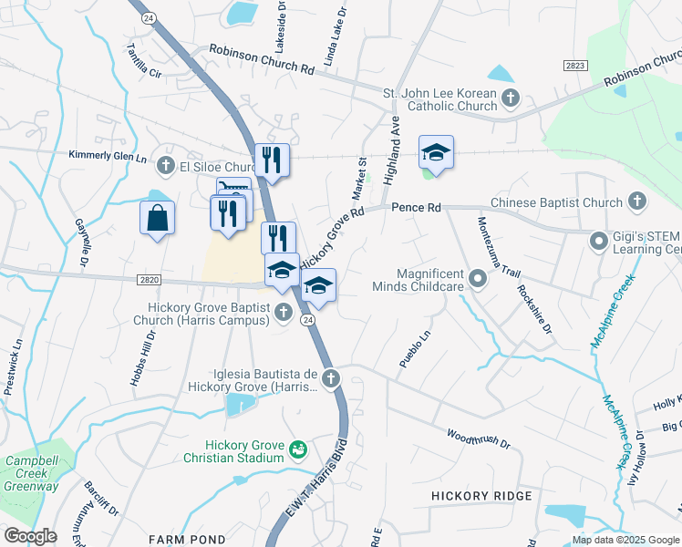 map of restaurants, bars, coffee shops, grocery stores, and more near 5724 Carved Oak Circle in Charlotte