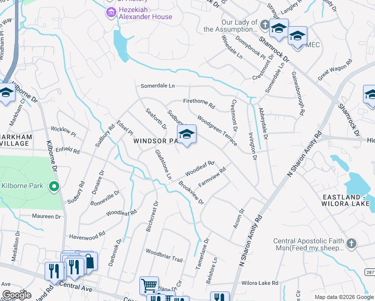 map of restaurants, bars, coffee shops, grocery stores, and more near 3910 Sudbury Road in Charlotte