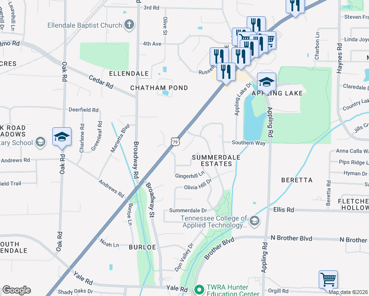map of restaurants, bars, coffee shops, grocery stores, and more near 7436 Summerdale Cove in Bartlett