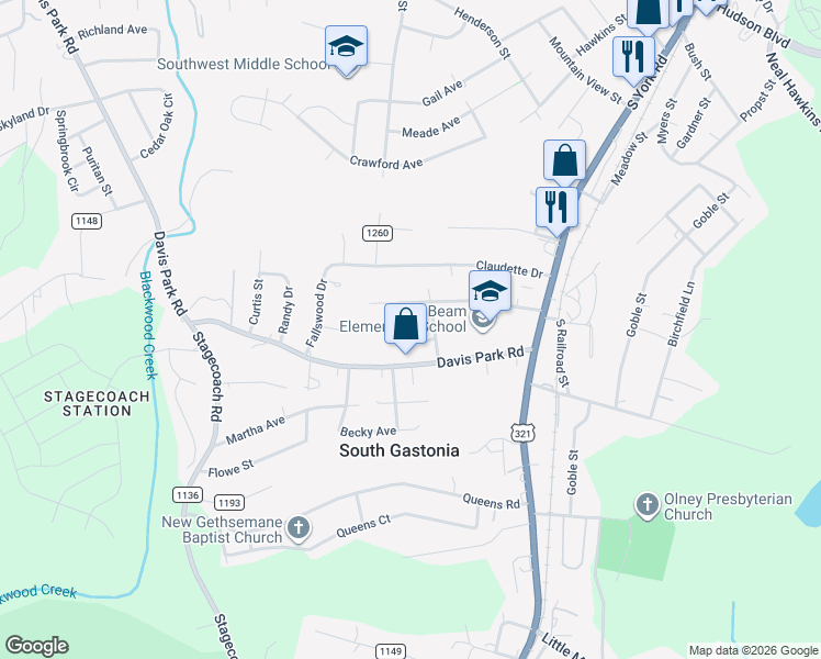 map of restaurants, bars, coffee shops, grocery stores, and more near 3013 Oakwood Drive in Gastonia